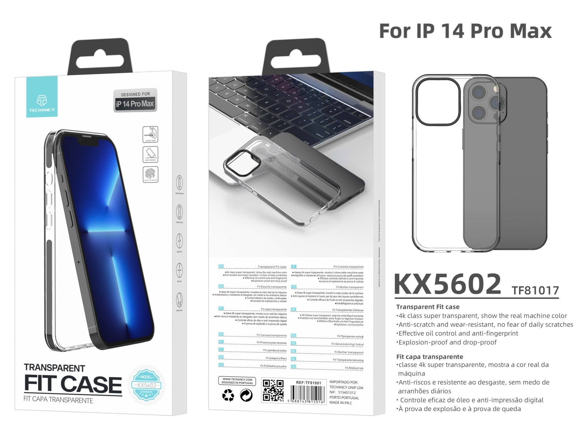 Capa transparente para telemóvel Techancy New Acrylic, KX5602, compatível com iPhone 14 Pro Max, transparente + Preto