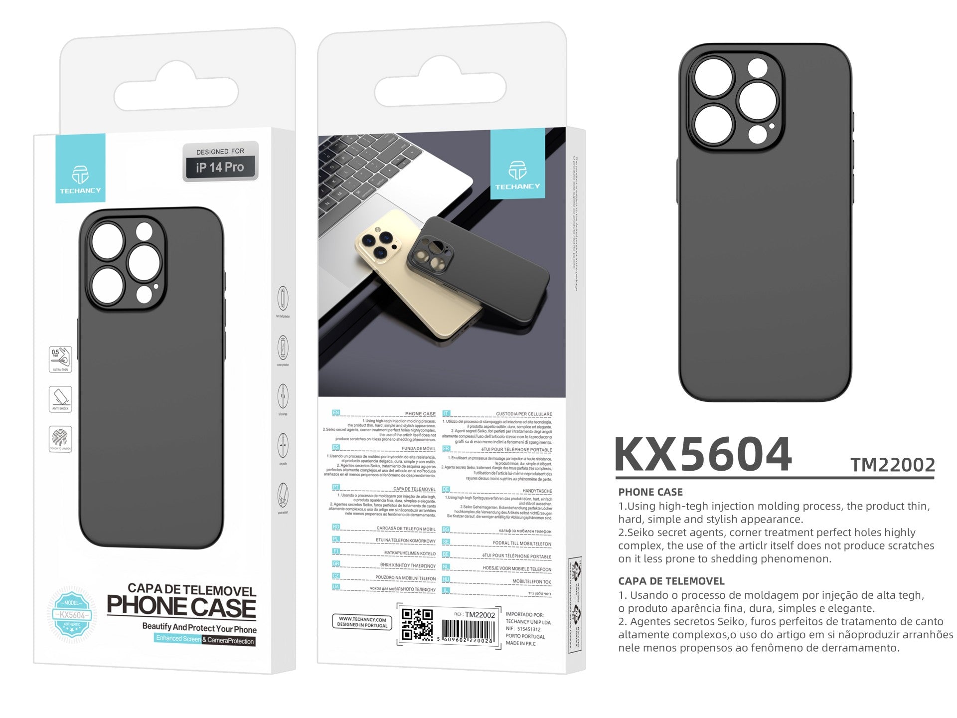 Techancy Capa Para Telemóvel Ultra Fina Preta KX5604, Compatível Com O Telemóvel Iphone 14 Pro, Material Pp De 0,5 Mm.