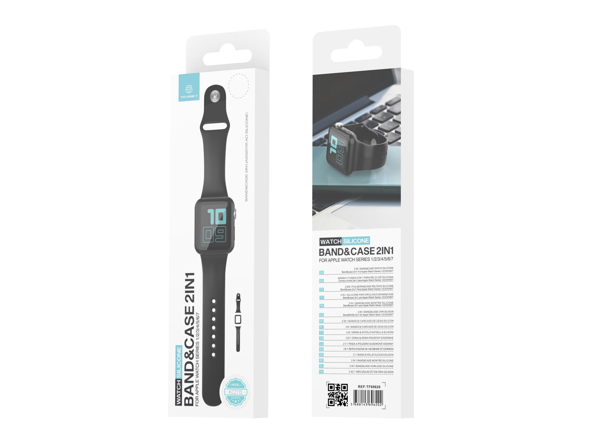 Pulseira de silicone para relógio Techancy, KC2115, com protetor de ecrã, compatível com Apple Watch 38 mm, Preto