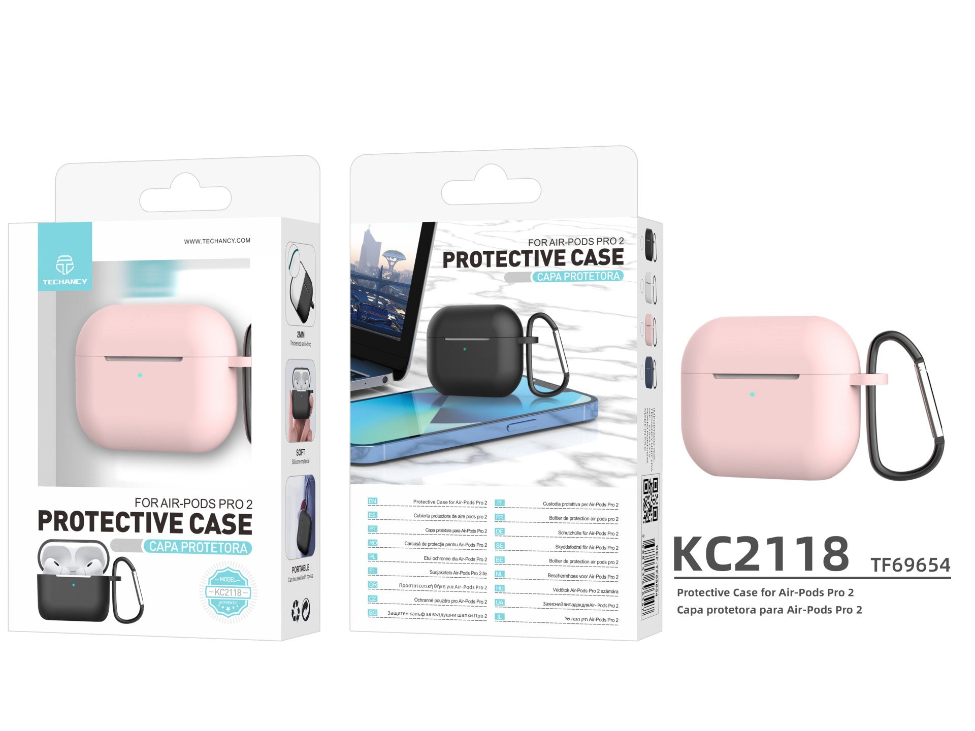 Capa protetora de silicone para auriculares Techancy, KC2118, compatível com AirPods Pro 2.ª geração, rosa