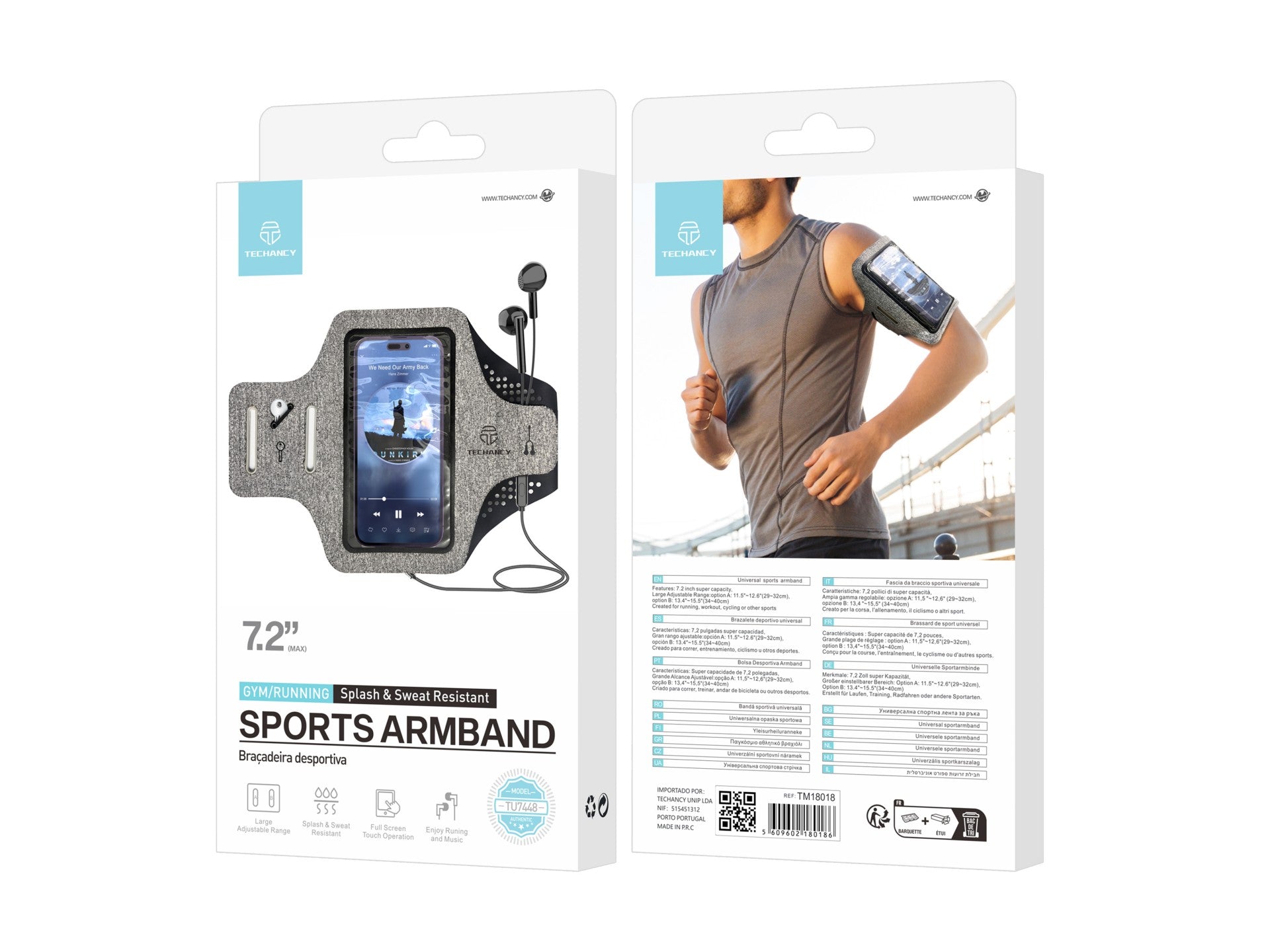 Techancy Bolsa De Braço Desportiva TU7448, Compatível Com Telemóveis De 7,2', Ecrã Tátil Transparente,Tamanho Ajustável,