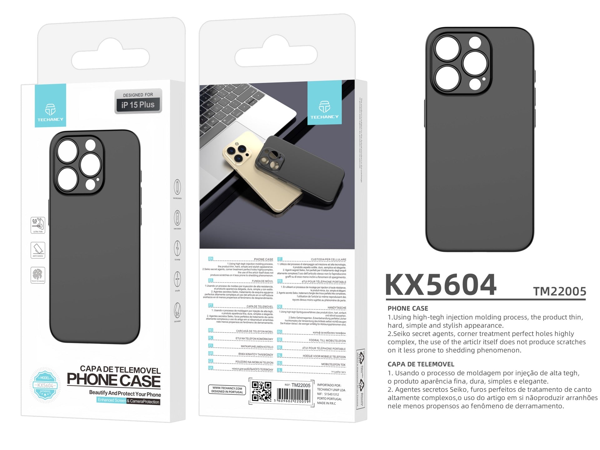 Techancy Capa Para Telemóvel Ultra Fina Preta KX5604, Compatível Com O Telemóvel Iphone 15 Plus, Material Pp De 0,5 Mm.