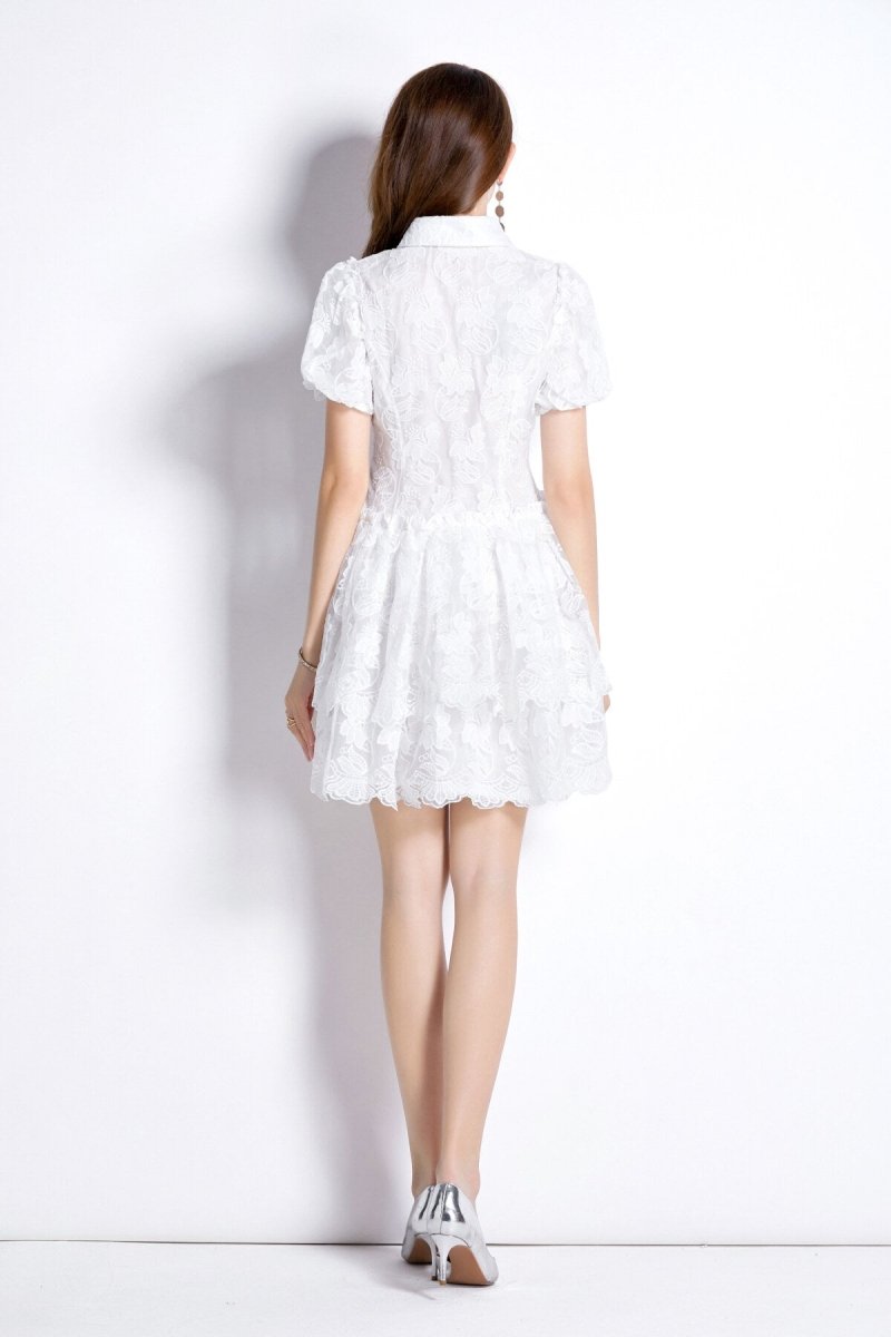 White Embroidered Puff Sleeve French Dress